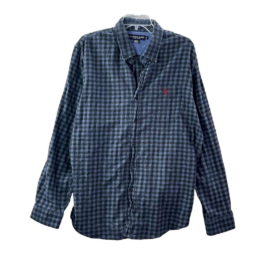 US Polo Assn Shirt Mens XL Blue Checkered Button Down Stretch Casual Streetwear